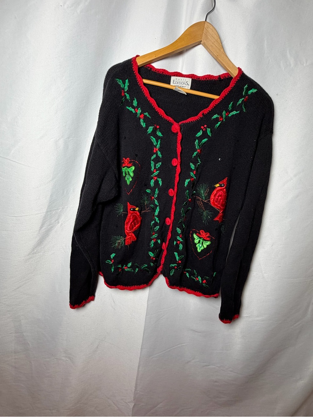 Basic Editions Black Cardigan with Red Trim and Embroidered Cardinals